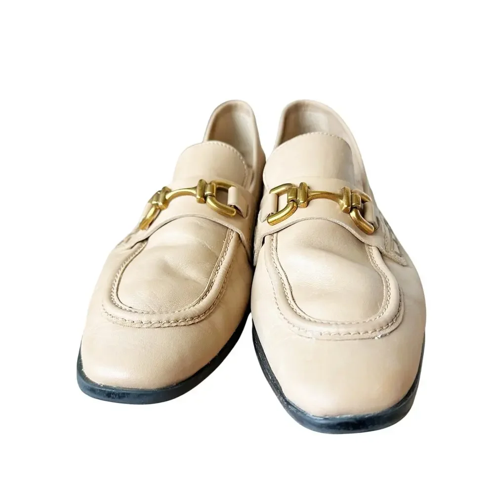 Zara Cream Leather Horsebit Loafers Gold Buckle Flat Shoes EUR 42 US Womens 11